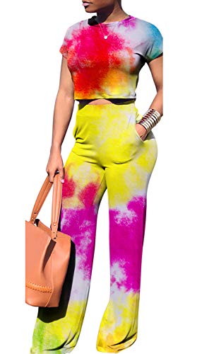 Women Tie Dye Print Round Neck Short Sleeve Crop T-Shirt Top 2 Piece Long Jumpers