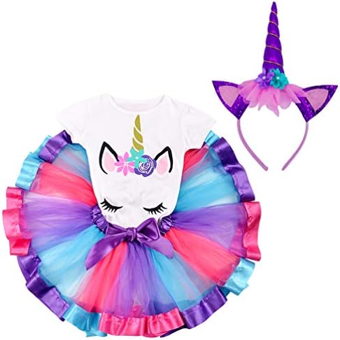 LYLKD Little Girls Unicorn Outfit Dress,Layered Rainbow Tutu Skirt,Unicorn T-Shirt and Unicorn Horn Headband.