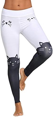 Fashion Women Leggings Yoga Sport Mid Waist Cat Print Color Block Skinny Pants