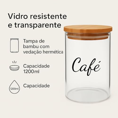 Potes Herméticos de Vidro com Tampa de Bambu 1200ml Conjunto com 2 Unidades para Café e Açúcar Transparente