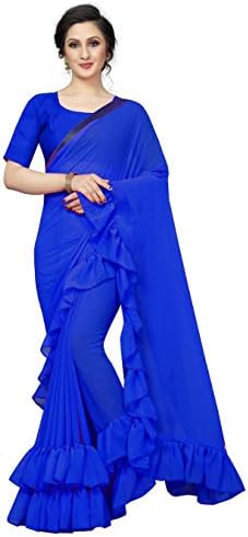Partywear Ruffle Women's Sarees with Blouse Piece (Multi-Color_Free_Size) Frill Blue