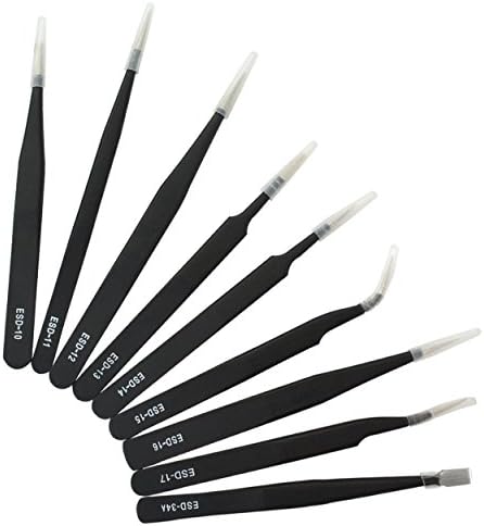9Pcs Precision ESD Tweezers, Marrywindix Anti-Static Stainless Steel Tweezers Set with Storage Bag for Electronics, Jewelry-Making, Laboratory Work Hobbies, in Rolling Package