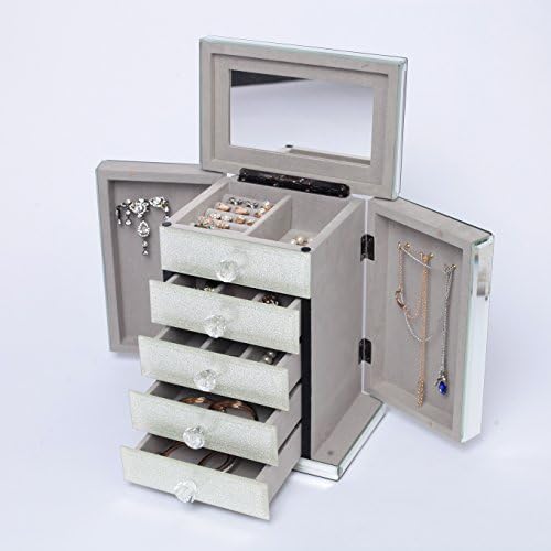 Mirrored Glass Jewelry Box / Case / Storage / Organizer w/5 Drawers (Silver)