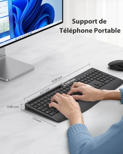 TECURS Clavier sans Fil 2,4 GHz AZERTY Français avec Repose-Poignet, Noir | Rétroéclairage 7 Couleurs, Rechargeable, Ergonomique, Récepteur 2-en-1 USB-A et Type-C, Silencieux, pour Windows PC, Bureau