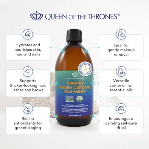 QUEEN OF THE THRONES Organic Golden Castor Oil - 500mL (16.91 Fl Oz (Pack of 1)) | 100% Pure & Expeller Pressed for Hair, Skin & Digestion | Hexane Free | USDA Certified