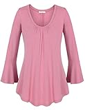 Nomorer Womens Pleated V Neck Long Bell Sleeves Solid Basic Blouse Top