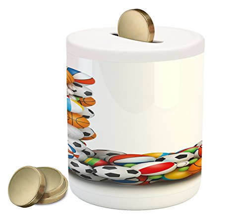 Letter L Piggy Bank by Ambesonne, Basketball Football Volleyball Tennis Athleticism Teamplay Motivation Theme Print, Printed Ceramic Coin Bank Money Box for Cash Saving, Multicolor - Thumbnail 2