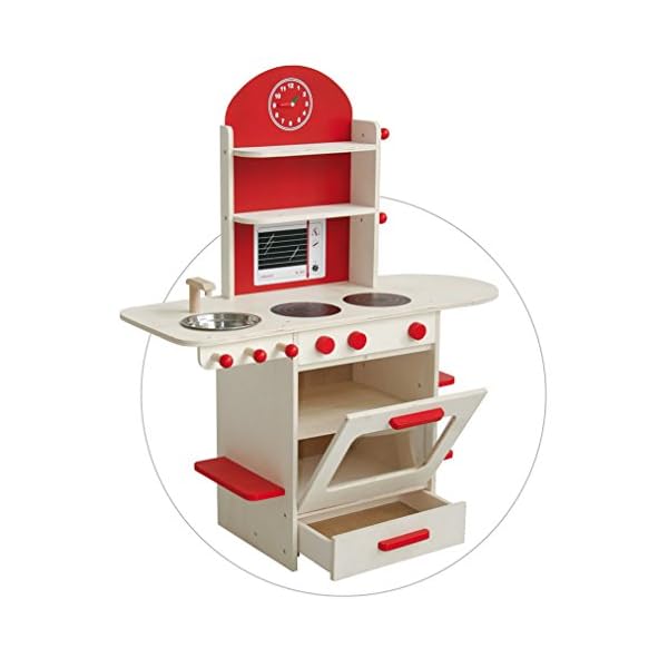 roba Spielküche, Holzküche natur, rot, Kinderspielküche mit Herd, Spüle, Wasserhahn & Regal – Bild 8