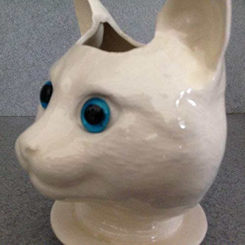 Handmade White Ceramic pot Succulent herb pot, Glass Blue Eyes, New Cat Doll head ceramic planter on saucer with drain holes Toothbrush or, desktop pencil holder