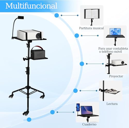 Soporte para Proyector con Ruedas, 73-167 cm Soporte para Proyector Tripode con Bandeja para Ratón, Porta Celular y Bandeja de Almacenamiento, Soporte Trípode Proyector para Oficina Hogar Estudio