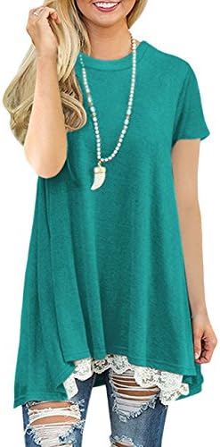 Jiu1ai Short Sleeve Tunic Shirts Summer Lace Swing Hem Mini Dress for Women