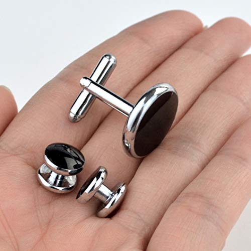 Black Silver Tuxedo Studs and Cufflinks Set, Mens Cufflinks and Cuff Studs Set Cuff Links Stainless Steel Tux Buttons with Box for Tuxedo Shirts Wedding Business Gift - Thumbnail 3