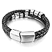 INBLUE Men's Stainless Steel Genuine Leather Bracelet Bangle Black Silver Tone Braided 8