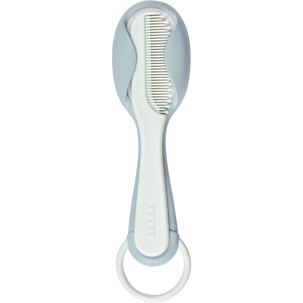 BEABA - Comb + Hairbrush set for Babies and Children - Integrated comb storage system on the back of the brush - Green Blue