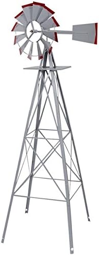 Ornamental Windmill 8FT Tall Windspinner Silver Gray And Red Wind Wheel Outdoor Patio Garden Yard Décor Weather Vane Durable Wind Spinner Heavy Steel Structure