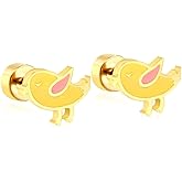 20G Bird Yellow Enamel Flat Screw Back Small Stud Earrings for Women Men Stainless Steel Gold Plated Cute Sparrow Animal Cartilage Tragus Piercing Sleeper Studs Hypoallergenic Fashion Jewelry