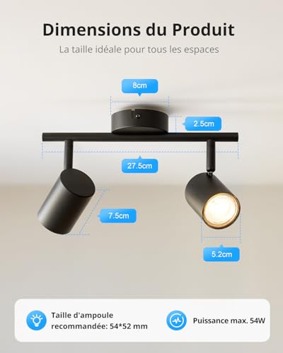 Gr4tec LED Ceiling Light with 2 Adjustable Spotlights, Modern Black Ceiling Spotlight, GU10 Spotlights and Rails, Indoor Wall Light for Kitchen, Bedroom, Hallway, Without Bulb