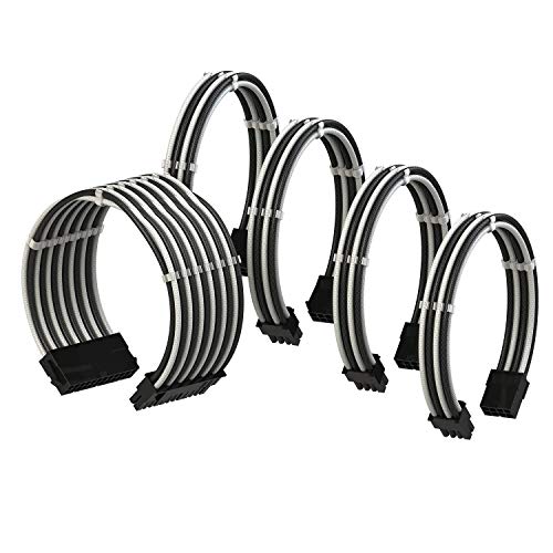 LINKUP - 50cm PSU Cable Extension Sleeved Custom Mod GPU PC Braided w/Comb Kit┃1 x 24 P (20+4)┃2 x 8 P (4+4) CPU┃2 x 8 P (6+2) GPU Set┃500mm - WhiteBlack