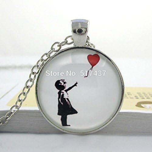Pretty Lee Glass Cabochon Necklace Banksy Graffiti 'Girl With A Balloon' Necklace Glass Dome Cabochon Glass Art Pendants Balloon Necklace
