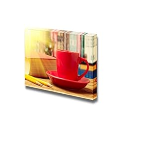 Red Coffee Cup with Books and Pencils Wall Decor
