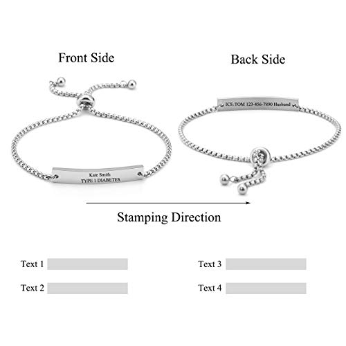 Zysta Medical Alert ID Identification Link Women Girls Stainless Steel Wrist Cuff Bracelet Adjustable Name Message Inspirational Words Free Engraving Tag Customized Jewelry Gift