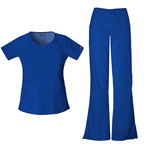 Cherokee Women's Workwear Round Neck Top 4824 &amp; Drawstring Flare Leg Pant 4101 Scrub Set (Royal - X-Large / XL Tall)