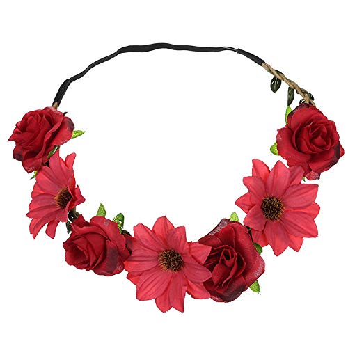 Women Girl Sunflower Rose Flower Crown Wedding Festival Headband Hairband Hair Garland(Red)