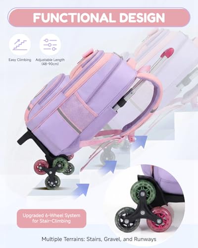 Amythe School Bag for Girls Primary 6-10 Years Old School Backpack Kawaii Lightweight Water Repellent with Reflective Strips, 6 Wheels Trolley for CP CE1 CE2 CM1 CM2, purple, Daypack Backpacks | Sac à Dos École Kawaii Léger Déperlant pour Enfants 6 à 10 ans, 6 Roues Trolley pour CP CE1 CE2 CM1 CM2 - Rentrée / Voyages
