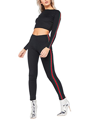 Mojessy Womens Activewear Sports Set Long Sleeve Crop Top + Skinny Pants 2 Piece Outfits Tracksuits Small Black - Thumbnail 4