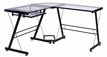 Merax Modern 3-piece Corner Desk L-shaped Office Home Computer Desk, Black with Clear Glass