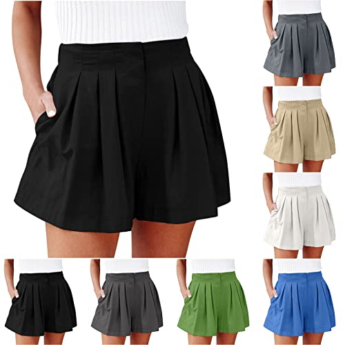 Pleated Linen Shorts Women Casual Summer High Waisted Beach Shorts Wide Leg Pocket Shorts Dressy Casual Pants Plus Size Flowy Mom Shorts High Waisted Flare Shorts Paperbag Short Dress Shorts for Women