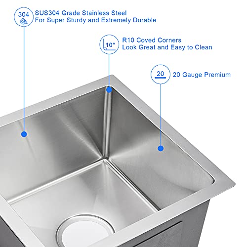 MENATT 15 x 15 Inch Undermount Bar Sink, Single Bowl Handmade Stainless
