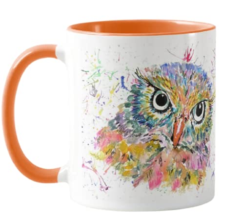 Vixar Owl Watercolour Rainbow Art Coloured Mug Cup, Gift, Birthday, Work, Office, Christmas Tea Coffee (Orange)