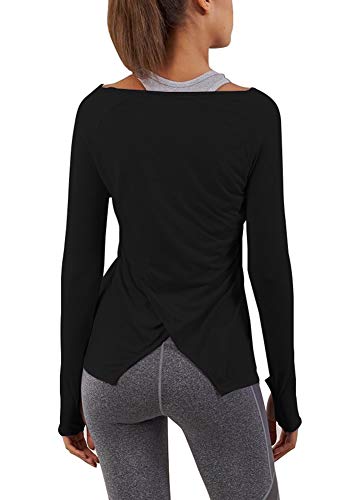 Bestisun Cute Boat Neck Long Sleeve Shirts for Women- Exercise Fitness Sports Gym Tie Back Top Blouses Black M