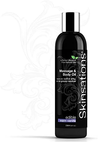 Natural Massage & Body Oil by Skinsations – Warm Vanilla Flavor 8oz | Edible, Aromatic, Sensual, Relaxing, Therapeutic Skin Therapy - Sweet Almond, Grapeseed, Jojoba and Organic Fractionated Coconut