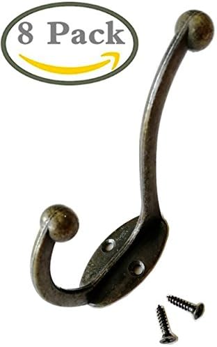 8 Pieces Heavy Duty Coat Hooks Wall Mounted 35 LB Utility Hooks Heavy Duty Cup Metal Hooks Dual Robe Hook Rustic Hooks Retro Double Hooks Coat Hanger and 18 Pieces Screws Bronze Color