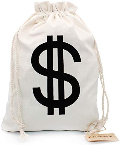 AukeyStar Large $ Canvas Natural Money Bag Pouch with Drawstring Closure and Dollar Sign Design for Toy Party Favors, Bank Robber Costume Cowboy Pirate Theme, Money Sack Coin Bag, 12 x 8 inches