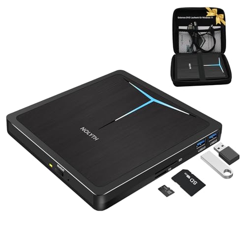 NOLYTH Externes DVD Laufwerk für Laptop: CD Laufwerk Extern USB 3.0 DVD Brenner Extern USB-C für Windows 11 PC Mac MacBook mit USB Ports SD TF Slot & Tasche Tra