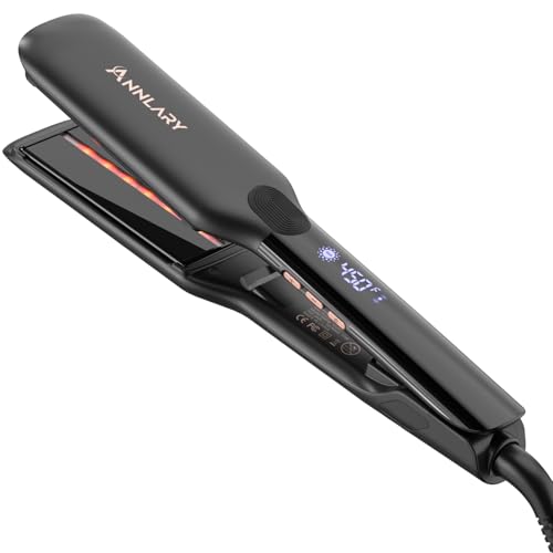 ANNLARY Hair Straightener, 1.75 Inch Flat Iron with Infrared and Ionic Technology, Titanium Plate with Ceramic Coating Dual Voltage Straightener with Heat-Resistant Silicone for All Hair Types