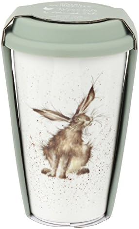 HARE BROWN WHITE GREEN CERAMIC TRAVEL MUG WITH SILICONE LID H15.5CM X W9.5CM