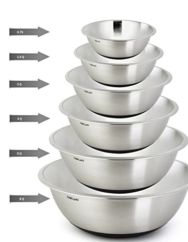 ChefLand Non Slip Stainless Steel Mixing Bowls 6-Piece Set With Silicone Base - Compact & Stackable Metal Whisking Bowls, Stylish Mirrored Exterior, Safe & Sturdy Design - Ideal For Cooking & Serving