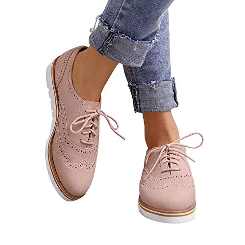 Susanny Women's Wigtips Oxfords Platform Lace Up Brogues Slip on Perforated Spring Shoes Pink 9 B (M) US - Thumbnail 4