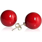 LUREME Women 12mm Red Shell Bead Silver Tone Classic Round Ball Stud Earrings 02001451-2
