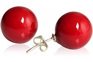 LUREME Women 12mm Red Shell Bead Silver Tone Classic Round Ball Stud Earrings 02001451-2