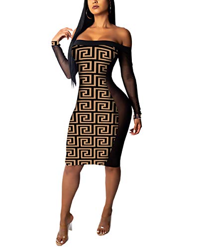 Mycherish Women's Sexy Off Shoulder Long Sleeve Stripe Geometric Print Tube Tops Bodycon Sheer Mesh Party Midi Dress Brown XL