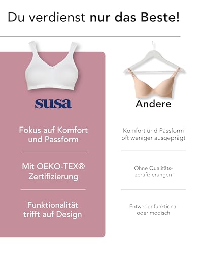 SUSA Bra without underwire, longline bra, classics, non-wired bra with feminine look thanks to lace insert, semi-transparent bra with 3-piece stitched cups