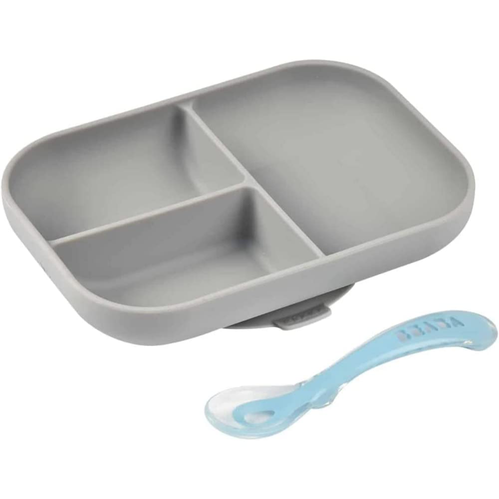 Béaba - Baby Suction Plate - Silicone Divided Plate with Suction Cup + Silicone Spoon - Sticks to the Table/High Chair Tray - Microwave Safe - Toddler Meal Set - Grey