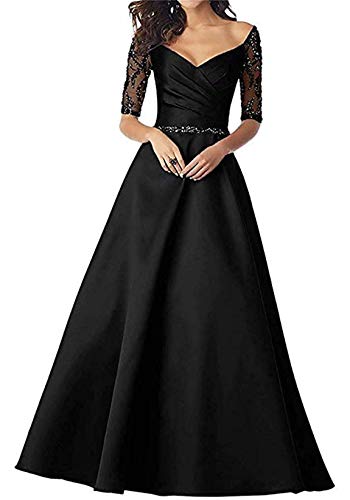 Scarisee Women's Half Sleeves V-Neck Evening Prom Dresses with Pockets Beaded Wedding Mother's Party Gown Black 16