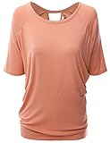 Doublju Women Short Sleeve Loose Fit Open Back Drape Knit Jersey Top
