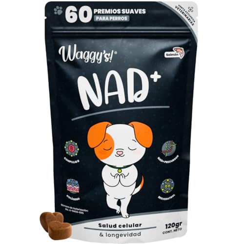 Waggy’s NAD+ - Suplemento Longevidad y Antiedad Perros | Energía, Prevención y Función Cognitiva | Salud Celular y Vitalidad | Precursor NAD+, Complejo B, Resveratrol y Colágeno | 60 Soft Chews